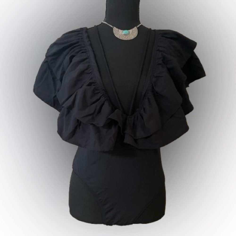 ZARA Black Puff Sleeve Swimsuit, Size L